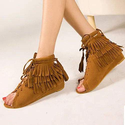 Tassels Cut Out Retro Peep Toe Flat Sandals