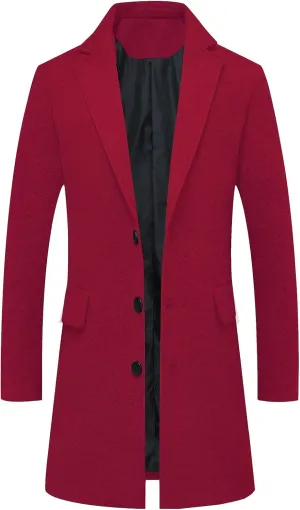 ThCreasa Mens Wool Blend Trench Coat Single Breasted Notch Lapel Walker Mid-Length Classic Pea Top Coat