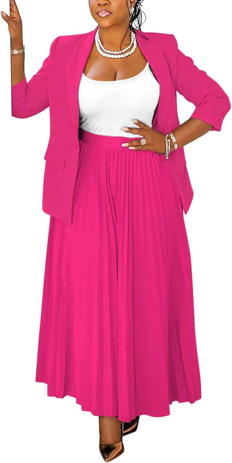 Women 2 Piece Plus Size Business Skirt Suit Sets Long Sleeve Open Front Blazer and High Waist Pleated Maxi Skirt