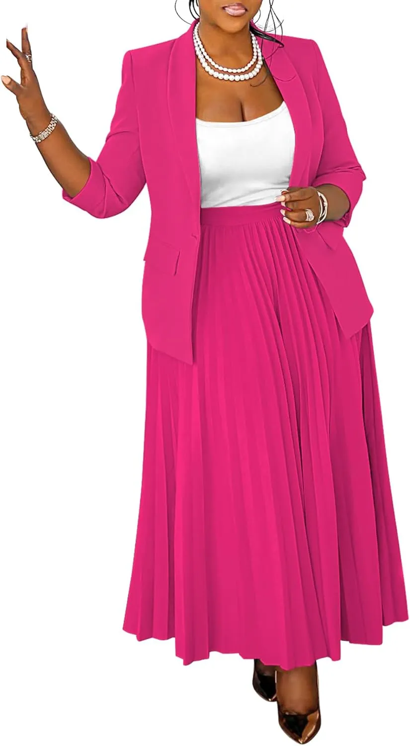Women 2 Piece Plus Size Business Skirt Suit Sets Long Sleeve Open Front Blazer and High Waist Pleated Maxi Skirt