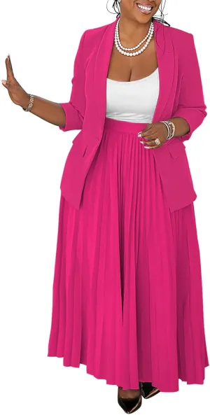 Women 2 Piece Plus Size Business Skirt Suit Sets Long Sleeve Open Front Blazer and High Waist Pleated Maxi Skirt