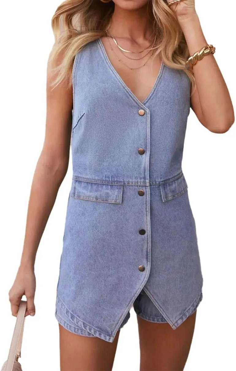 Women's Denim Jumpsuit Business Casual Sleeveless Vest Jumpsuit Shorts Fake 2 Piece Denim Outfit Summer Romper