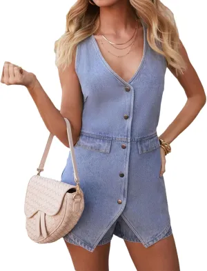Women's Denim Jumpsuit Business Casual Sleeveless Vest Jumpsuit Shorts Fake 2 Piece Denim Outfit Summer Romper