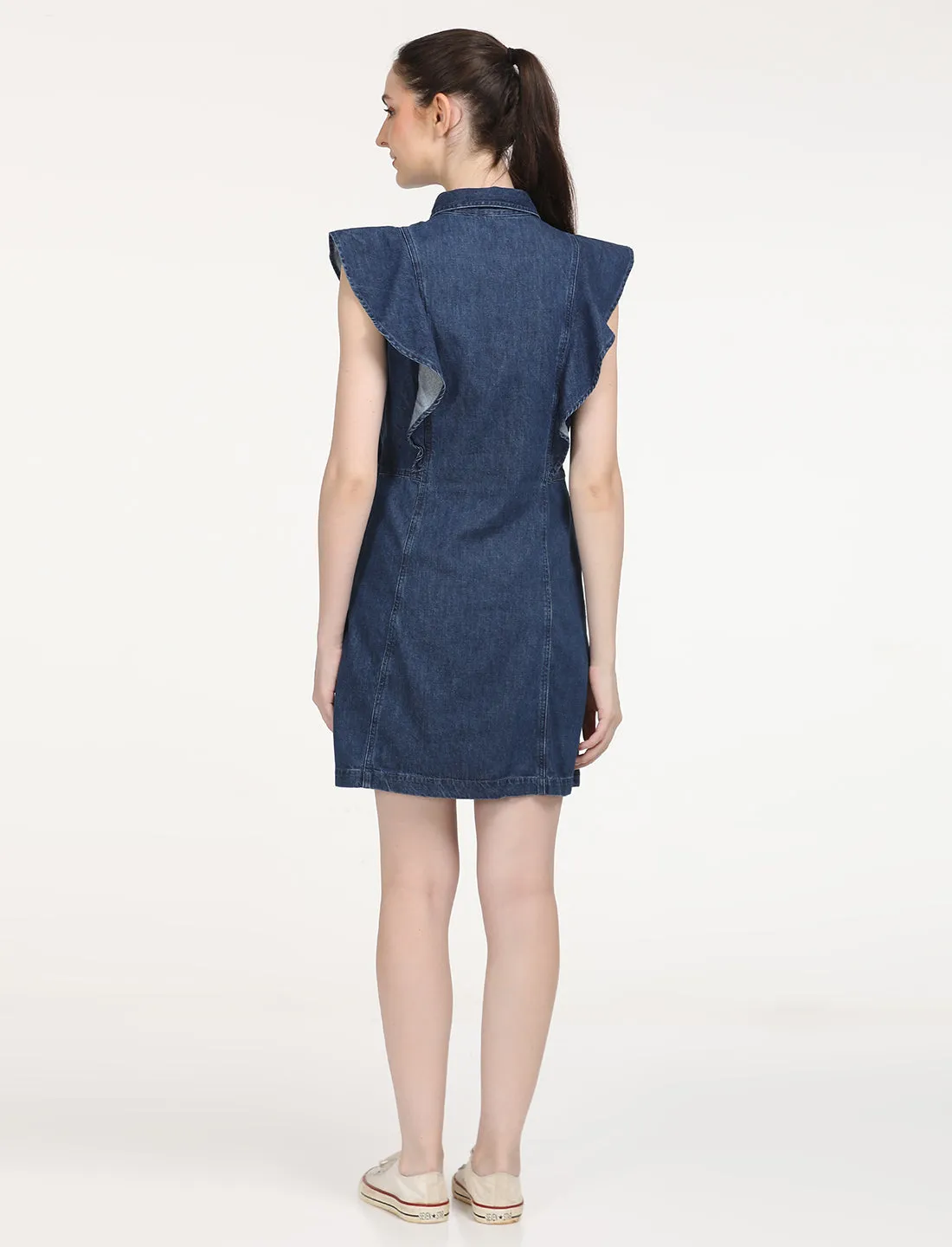 Women's Solid Blue Spread Collar Dress