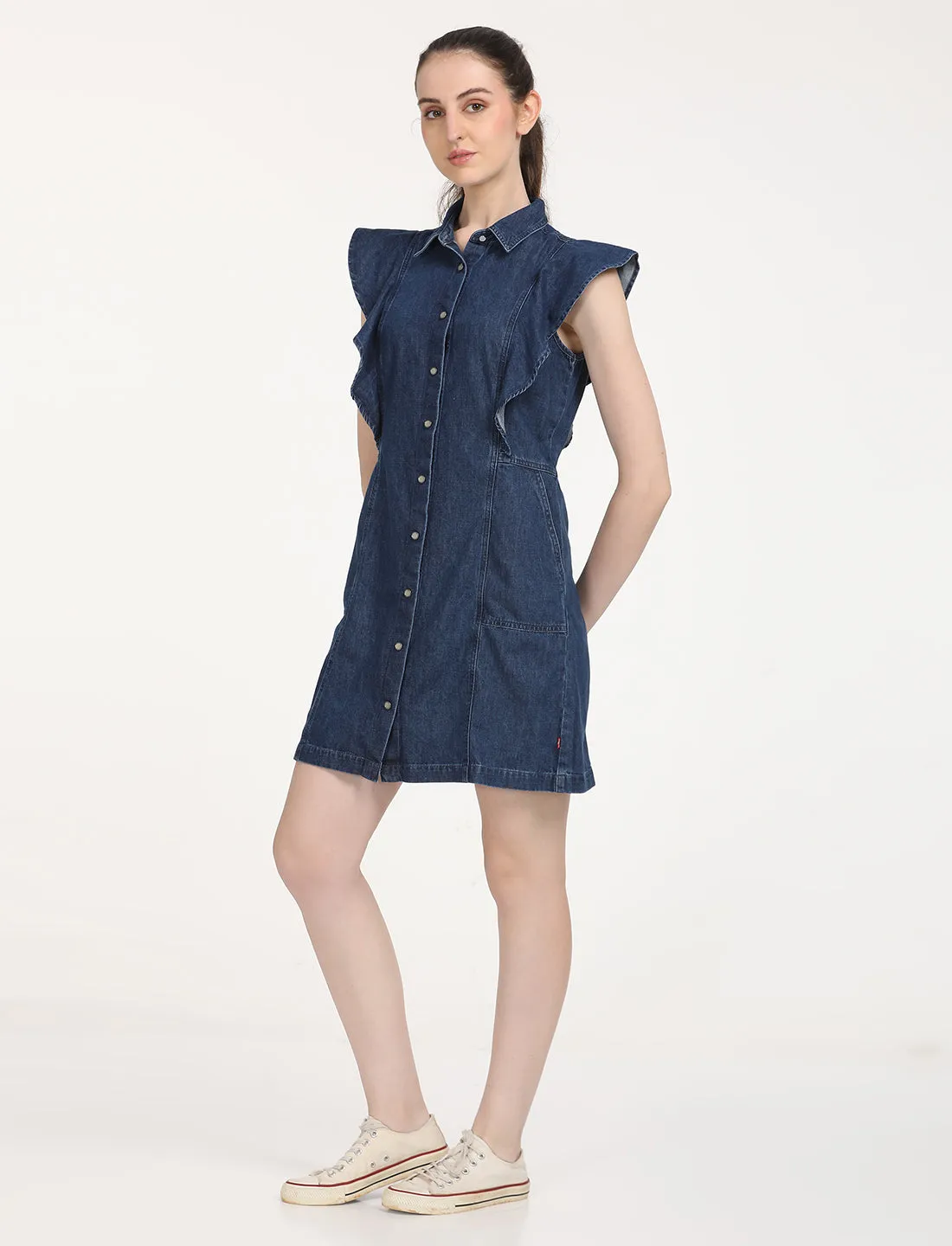 Women's Solid Blue Spread Collar Dress