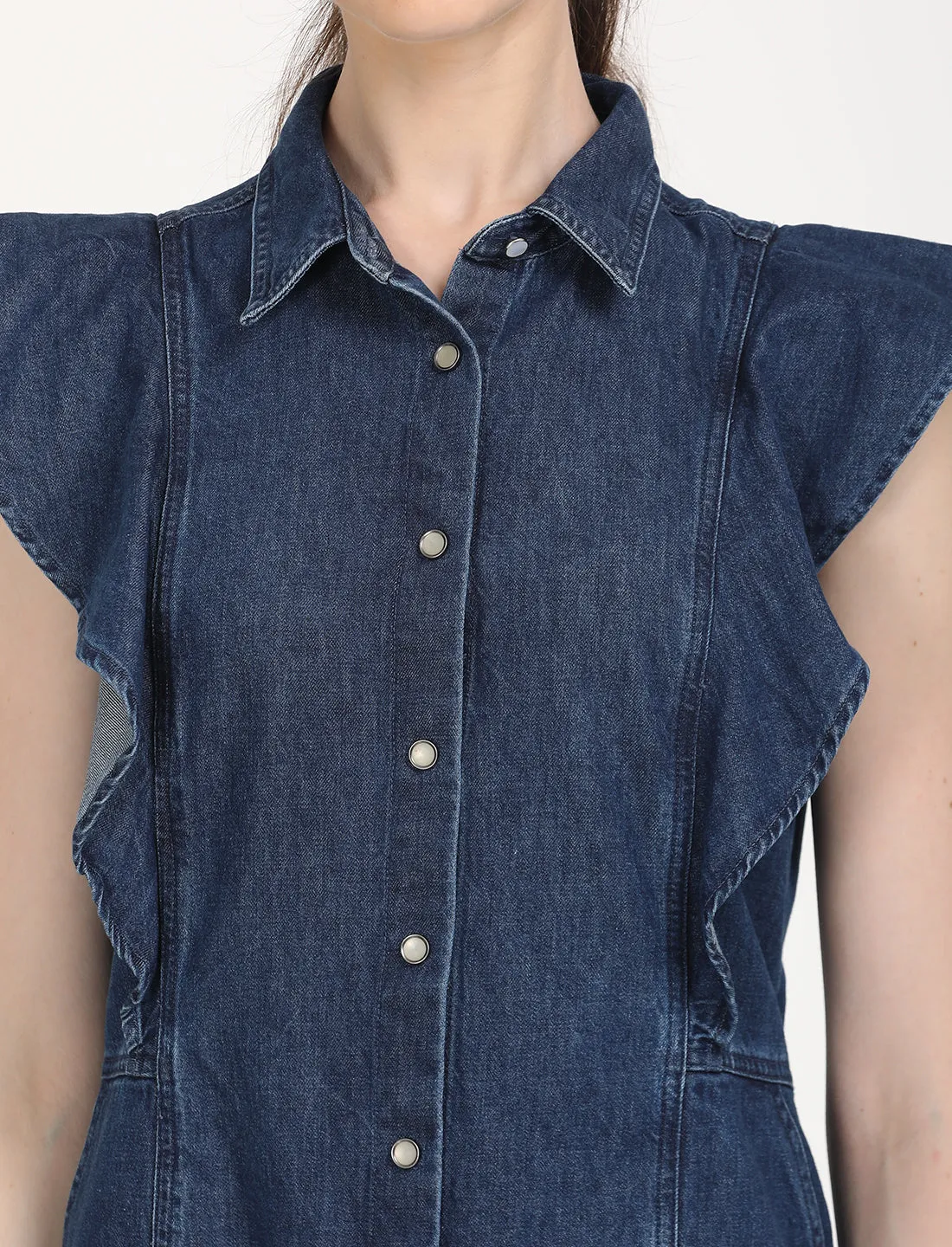 Women's Solid Blue Spread Collar Dress