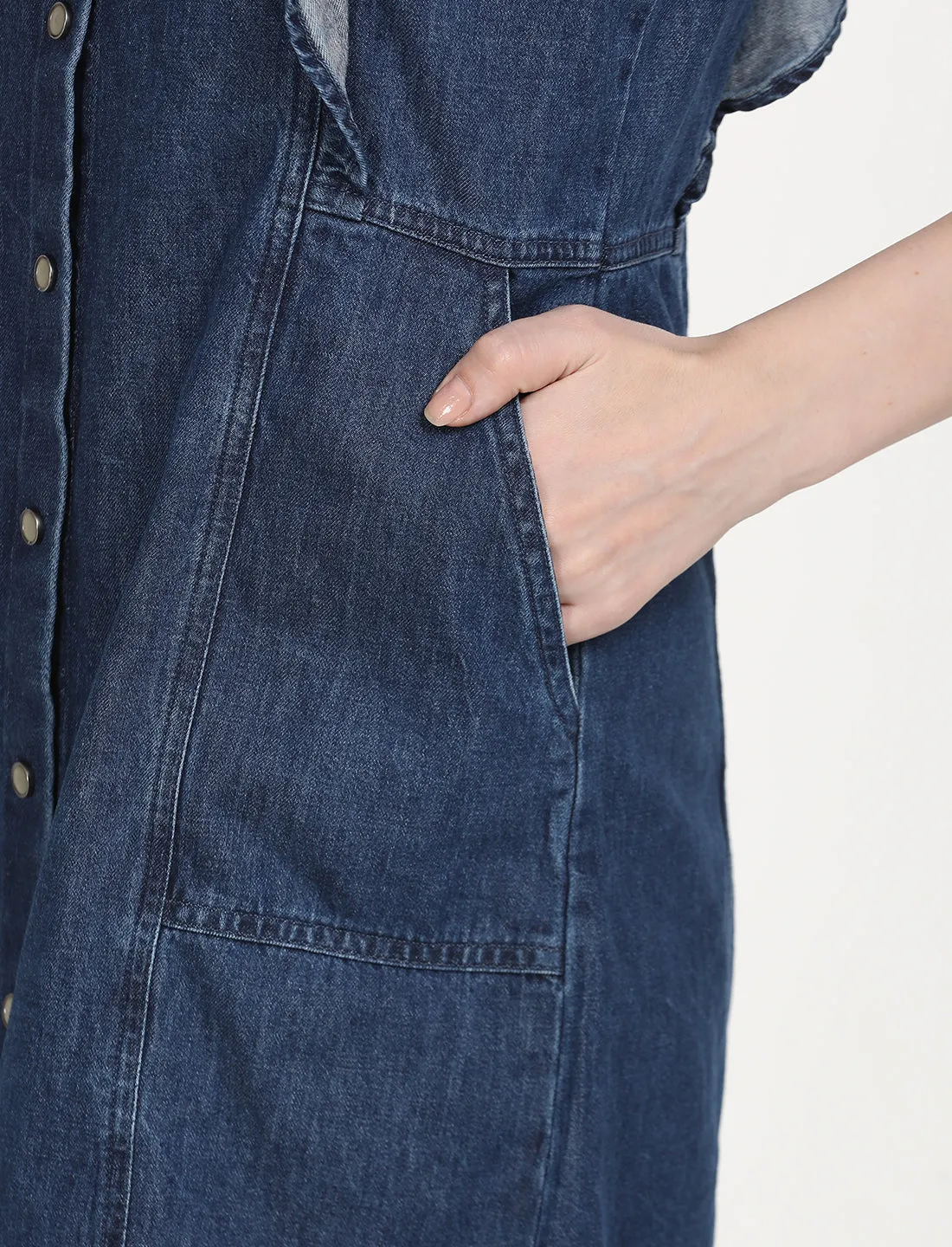 Women's Solid Blue Spread Collar Dress