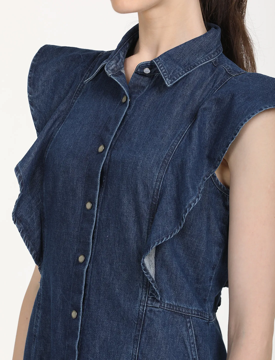 Women's Solid Blue Spread Collar Dress