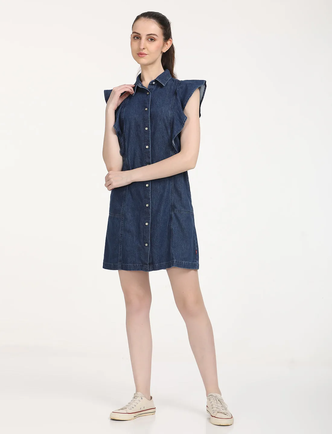 Women's Solid Blue Spread Collar Dress