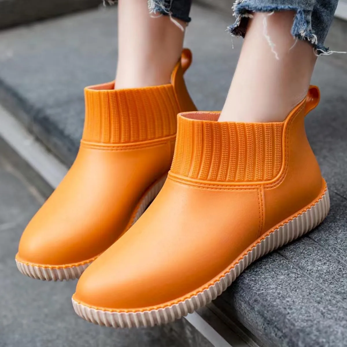 Women's Waterproof Non-Slip Flat Rain Boots - Slip-On Rubber Shoes for Outdoor Work and Play