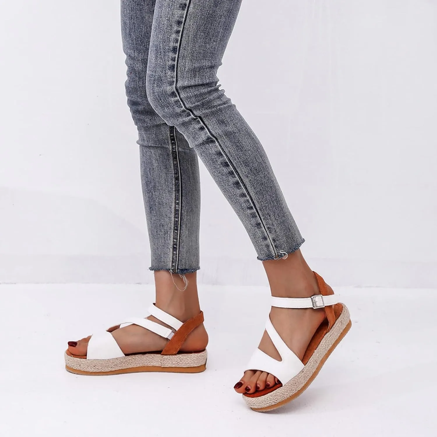 Women's Wedge Sandals Ladies Platform Ankle Strap Wedge Sandals Espadrille Comfortable Buckle Design Casual Summer Open Toe Straw Woven Beach Shoes,White,US8/EU39