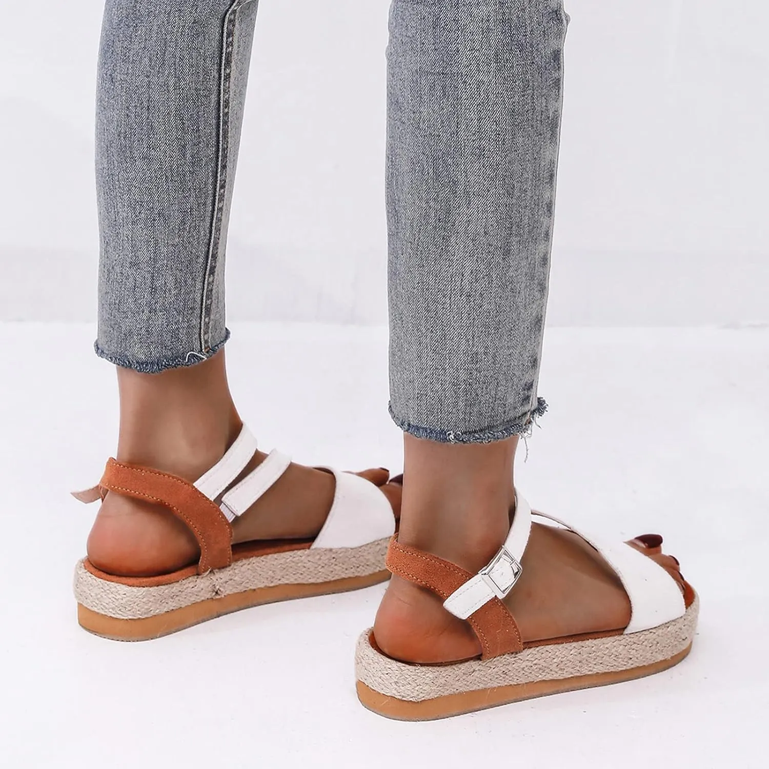 Women's Wedge Sandals Ladies Platform Ankle Strap Wedge Sandals Espadrille Comfortable Buckle Design Casual Summer Open Toe Straw Woven Beach Shoes,White,US8/EU39