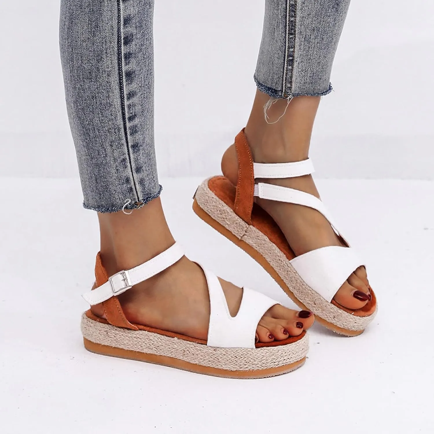 Women's Wedge Sandals Ladies Platform Ankle Strap Wedge Sandals Espadrille Comfortable Buckle Design Casual Summer Open Toe Straw Woven Beach Shoes,White,US8/EU39