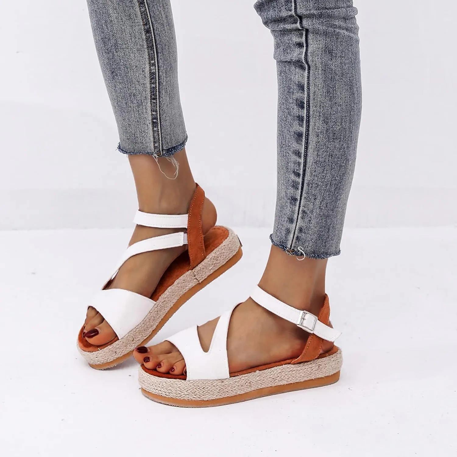 Women's Wedge Sandals Ladies Platform Ankle Strap Wedge Sandals Espadrille Comfortable Buckle Design Casual Summer Open Toe Straw Woven Beach Shoes,White,US8/EU39