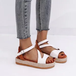 Women's Wedge Sandals Ladies Platform Ankle Strap Wedge Sandals Espadrille Comfortable Buckle Design Casual Summer Open Toe Straw Woven Beach Shoes,White,US8/EU39
