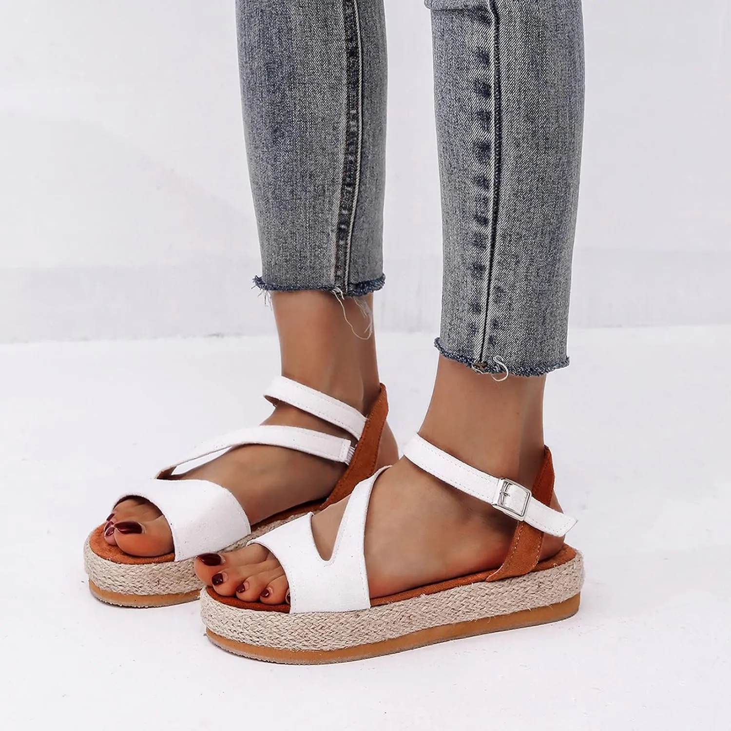 Women's Wedge Sandals Ladies Platform Ankle Strap Wedge Sandals Espadrille Comfortable Buckle Design Casual Summer Open Toe Straw Woven Beach Shoes,White,US8/EU39