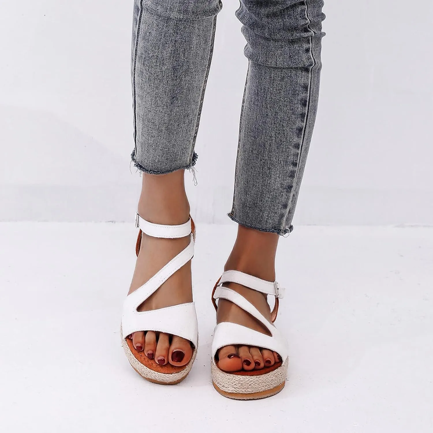 Women's Wedge Sandals Ladies Platform Ankle Strap Wedge Sandals Espadrille Comfortable Buckle Design Casual Summer Open Toe Straw Woven Beach Shoes,White,US8/EU39